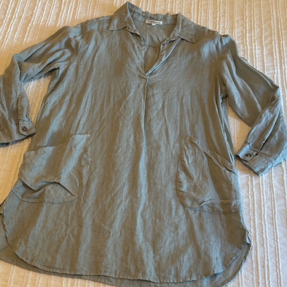 Fresh Laundry Linen Tunic Dress Pockets Long sleeve Gray Coastal luxury - Picture 2 of 6